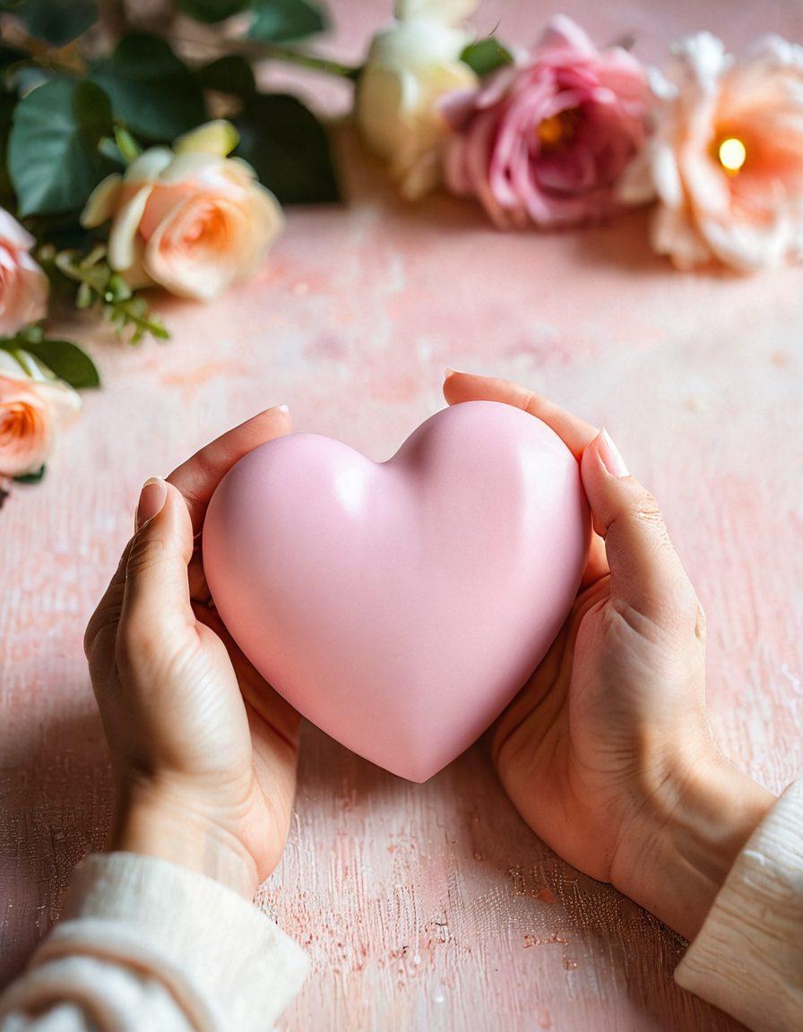 A warm and inviting scene of two hands gently holding a heart-shaped object, symbolizing love and connection. In the background, soft, blurred hues of pink and gold represent warmth and intimacy, while subtle floral elements enhance the nurturing theme. A cozy ambiance with soft lighting suggests comfort and closeness. super-realistic. vibrant colors. soft focus.
