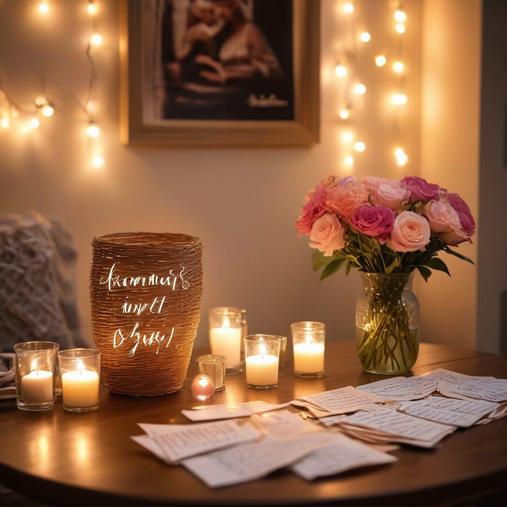 A cozy candle-lit dining setup for a romantic date night, adorned with love letters scattered around, highlighting intimate moments. Soft-focus fairy lights twinkle in the background, while a vase with fresh flowers adds a touch of elegance. Warm tones and an inviting atmosphere capture the essence of romance. super-realistic. vibrant colors. soft lighting.