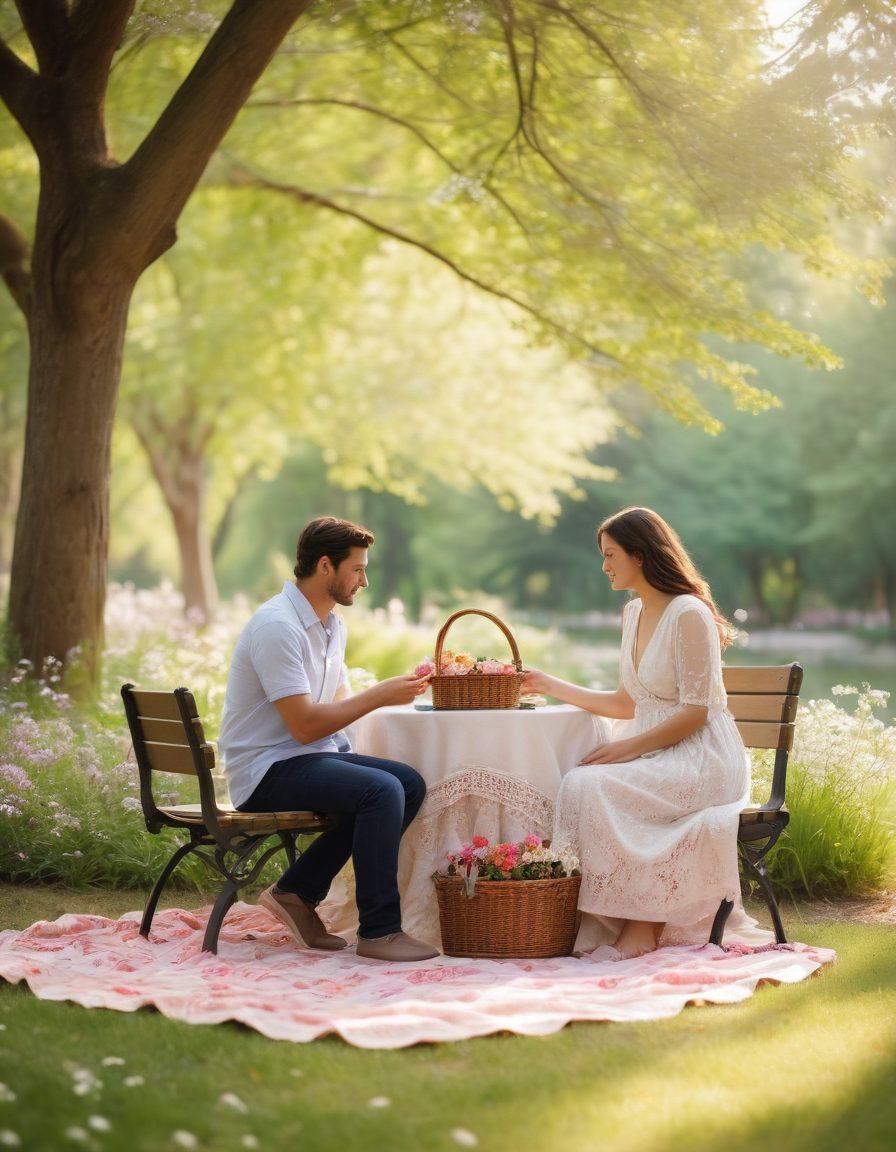 A serene park setting with a couple sitting on a bench, engaged in a deep conversation, surrounded by blooming flowers and soft sunlight filtering through the trees. Include elements symbolizing courtship, such as a picnic basket and a shared book, alongside symbols of companionship like intertwined hands and a cozy blanket. Capture the warmth of their connection through soft focus and gentle colors. super-realistic. vibrant colors.